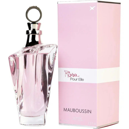 Un flacon de parfum Mauboussin « Rose Pour Elle » est présenté à côté de son écrin rose et blanc. Le flacon transparent présente un design angulaire unique et un bouchon rond. L'écrin arbore un élégant lettrage noir et rose. Dakar