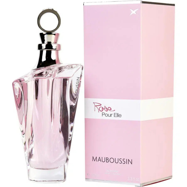Un flacon de parfum Mauboussin « Rose Pour Elle » est présenté à côté de son écrin rose et blanc. Le flacon transparent présente un design angulaire unique et un bouchon rond. L'écrin arbore un élégant lettrage noir et rose. Dakar