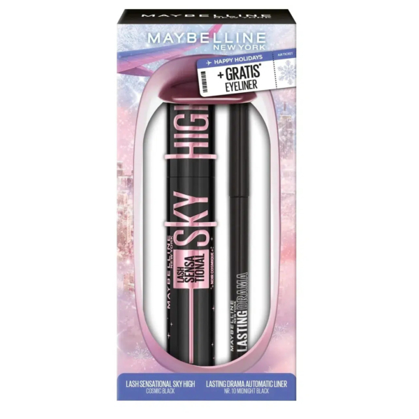 Coffret cadeau Maybelline New York comprenant le mascara Lash Sensational Sky High et l'eye-liner automatique Lasting Drama. L'emballage est rose avec l'inscription « Joyeuses fêtes » et un eye-liner offert. Dakar