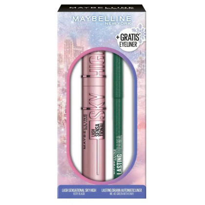 Coffret cadeau Maybelline comprenant un mascara rose Sky High et un eye-liner vert Lasting Drama. L'emballage présente un panorama urbain en arrière-plan et l'inscription « Eyeliner gratuit ». Dakar