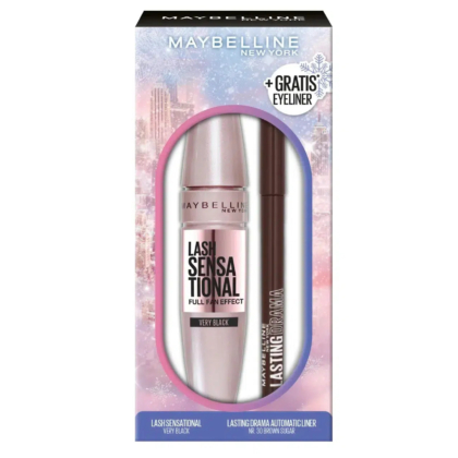 Coffret contenant le mascara Maybelline Lash Sensational et un crayon eye-liner automatique Lasting Drama offert. Le coffret présente un décor hivernal avec des flocons de neige et un paysage urbain aux tons roses et violets. Dakar