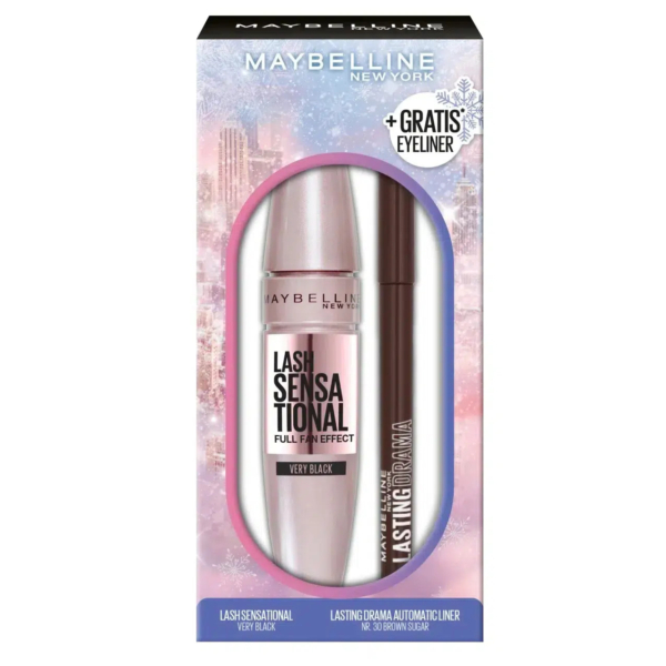 Coffret contenant le mascara Maybelline Lash Sensational et un crayon eye-liner automatique Lasting Drama offert. Le coffret présente un décor hivernal avec des flocons de neige et un paysage urbain aux tons roses et violets. Dakar