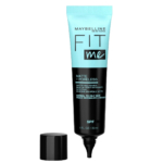 Un tube de base matifiante Maybelline Fit Me Matte + Poreless avec SPF est présenté. L'emballage bleu sarcelle et noir contient les informations produit. Le bouchon est retiré et placé à côté du tube. Cette base est destinée aux peaux normales à grasses. Dakar