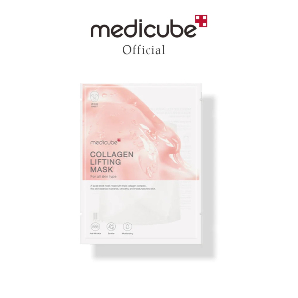 Image d'un emballage de masque lifting au collagène Medicube. Blanc avec des touches de rose, il porte les inscriptions « Masque lifting au collagène » et « Pour tous types de peau ». Le logo Medicube est au-dessus, accompagné de la mention « Officiel ». Dakar
