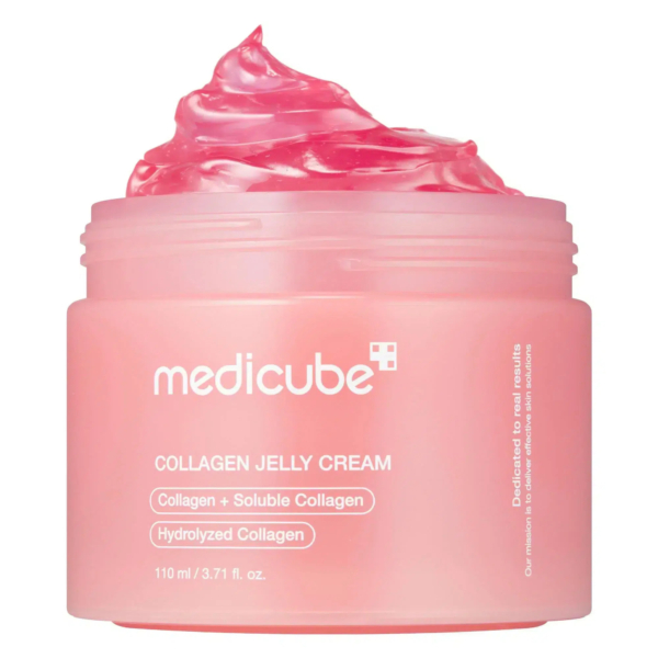 Un pot rose de crème gel au collagène Medicube, orné d'un tourbillon de crème translucide. L'emballage mentionne « Collagène + Collagène soluble » et « Collagène hydrolysé ». Le pot contient 110 ml. Dakar
