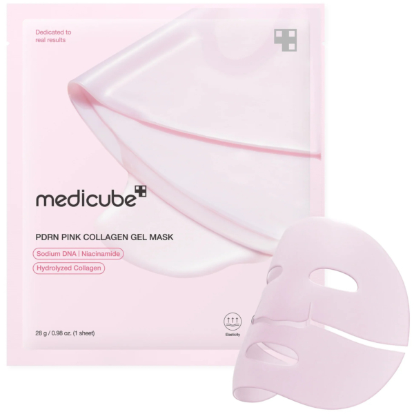 L'emballage du masque gel au collagène rose Medicube PDRN est présenté. Il présente une image du masque gel au collagène rose, des ingrédients mis en valeur comme l'ADN de sodium, la niacinamide et le collagène hydrolysé, et indique un poids de 28 g (0,98 oz) avec une feuille jointe. Dakar