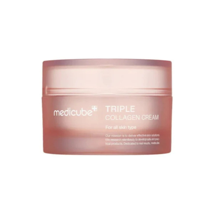 Un pot rose de crème triple collagène Medicube, étiqueté pour tous types de peau. Le contenant est givré et étiqueté en blanc. Dakar