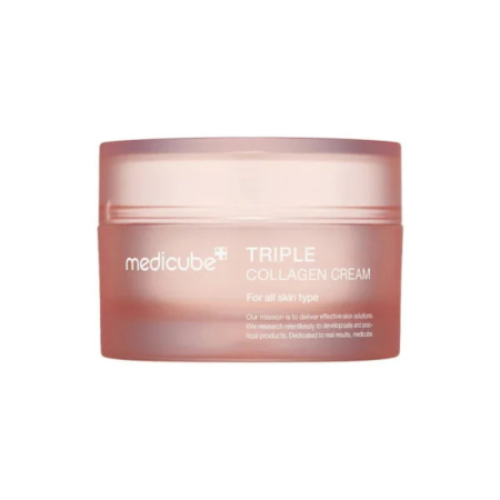 Un pot rose de crème triple collagène Medicube, étiqueté pour tous types de peau. Le contenant est givré et étiqueté en blanc. Dakar