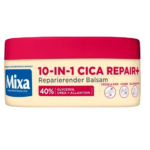 Un flacon rouge et blanc de baume Mixa 10-en-1 Cica Repair+ est présenté. Le texte met en avant des ingrédients comme la glycérine, l'urée et l'allantoïne, et suggère qu'il est destiné aux pieds, aux genoux, aux mains et aux coudes. Le flacon, muni d'un couvercle rouge, contient un baume réparateur. Dakar