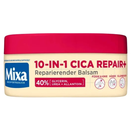 Un flacon rouge et blanc de baume Mixa 10-en-1 Cica Repair+ est présenté. Le texte met en avant des ingrédients comme la glycérine, l'urée et l'allantoïne, et suggère qu'il est destiné aux pieds, aux genoux, aux mains et aux coudes. Le flacon, muni d'un couvercle rouge, contient un baume réparateur. Dakar