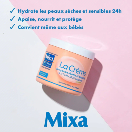 Un pot rose de Mixa La Crème pour peaux sèches et sensibles est incliné sur un fond rose. Le texte en français souligne l'hydratation pendant 24 heures et l'adéquation aux bébés, ainsi que les propriétés apaisantes, nourrissantes et protectrices. Le logo Mixa figure en bas. Dakar