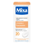 Une boîte blanche et orange de crème anti-taches pigmentaires Mixa. Elle contient de la vitamine C et de la niacinamide, avec un FPS 20. Le texte souligne ses effets hydratants et ses bienfaits pour les peaux irrégulières et fatiguées. Dakar