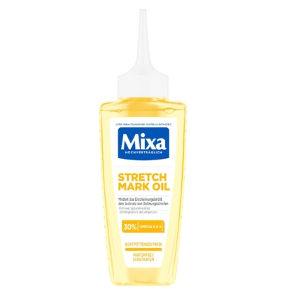 Le flacon de 100 ml de Mixa Huile Corporelle Anti Vergetures Sans Parfum, doté d'un bouchon pointu, contient 30 % d'oméga 6 et 9 pour réduire les vergetures. Sa formule non grasse et sans parfum assure une transformation cutanée en douceur. Dakar