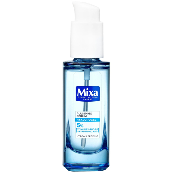 Un flacon transparent avec un bouchon pompe blanc étiqueté « Mixa Expert Peaux Sensibles ». Il contient le Sérum Repulpant Hyalurogel. L'étiquette indique 5 % de vitamine B3 et de pro-B5 avec de l'acide hyaluronique. Le produit est hypoallergénique. Dakar