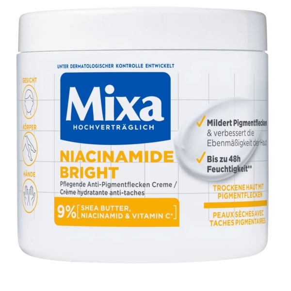 La Crème Niacinamide Correction Éclat Visage, Corps, Mains Mixa 400 ml est présentée dans un pot blanc aux étiquettes bleues et orange. Elle atténue les taches pigmentaires, améliore le grain de peau et offre jusqu'à 48 heures d'hydratation grâce à 9 % de beurre de karité, de la niacinamide et de la vitamine C pour une peau éclatante. Dakar
