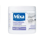 Un flacon blanc de crème Mixa Panthénol Confort, avec une étiquette bleue et blanche. Elle apaise les peaux sensibles grâce à 13 % d'huiles végétales, des omégas 6 et 9 et du panthénol. Convient aux bébés, aux enfants et aux adultes. Sans parfum. Dakar