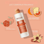 Un flacon de shampoing lissant thermique Mizani Press Agent sur fond pêche, entouré d'illustrations de tranches d'agrumes, de jasmin, de rose, de pêche, de freesia, de musc, de bois, de thé et de vanille. L'inscription « Parfum pamplemousse juteux » est disponible. Dakar