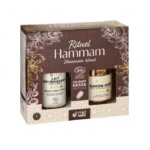 Un coffret « Rituel Hammam » comprend deux produits : un lait nourrissant aux huiles d'olive et d'argan, et un savon noir à l'eucalyptus. L'emballage, orné de motifs floraux, mentionne le label bio et inclut un gant Kessa. Dakar