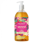 Un flacon pompe transparent de gel douche au monoï MKL, orné d'une étiquette rose vif et florale. L'étiquette porte les inscriptions « Édition Limitée », « sans savon » et mentionne des extraits de noix de coco et de fleur de tiaré. Dakar