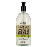 Flacon pompe en plastique transparent de Savon Liquide de Marseille Surgras MKL Green Nature. L'étiquette en français inclut les mentions « Neutre » et « Corps et Mains ». Contient des huiles végétales et est fabriqué en France. Dakar
