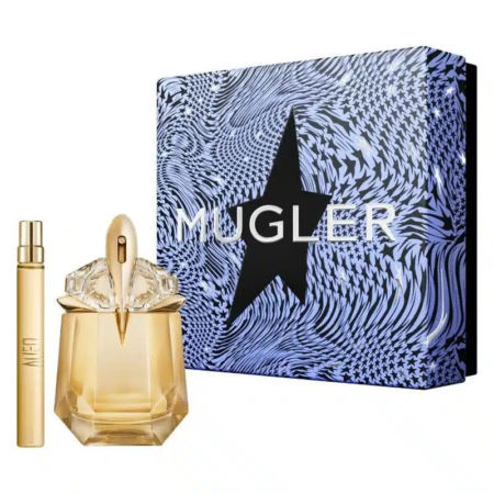 Un coffret cadeau Mugler comprenant un flacon de parfum ambré au bouchon cristallin et un vaporisateur de voyage assorti. Ce coffret est livré dans un écrin bleu et noir orné d'une étoile et de l'inscription « Mugler » en gras. Dakar