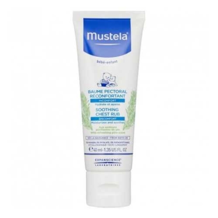 Un tube de 40 ml de Baume Pectoral Réconfortant Mustela de la gamme Mustela Les Essentiels, aux propriétés réconfortantes et hydratantes. L'emballage est blanc avec des inscriptions bleues et vertes. Dakar