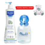 Image des produits pour bébé Mustela, dont un grand flacon de lait corporel Hydra Bébé à l'extrait d'avocat et un flacon de parfum Musti plus petit. Un ours en peluche blanc est également visible dans le coin supérieur, avec une étiquette rouge « DOUDOU MUSTELA OFFERT ». Dakar