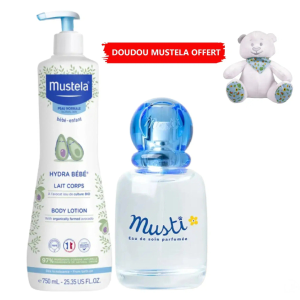 Image des produits pour bébé Mustela, dont un grand flacon de lait corporel Hydra Bébé à l'extrait d'avocat et un flacon de parfum Musti plus petit. Un ours en peluche blanc est également visible dans le coin supérieur, avec une étiquette rouge « DOUDOU MUSTELA OFFERT ». Dakar