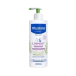 Un flacon de Liniment Mustela pour bébés et enfants, muni d'une pompe doseuse. L'étiquette met en avant ses ingrédients doux et d'origine naturelle, ainsi que son aptitude à l'hygiène du siège. Le flacon contient 400 ml. Dakar