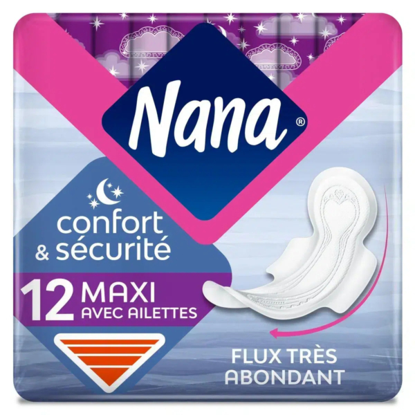 Emballage des serviettes hygiéniques Nana. Le design est rose et violet, avec le logo Nana en blanc sur fond bleu. Les inscriptions incluent « confort et sécurité », « 12 maxi avec ailettes » et « flux très abondant », avec une image de serviette à droite. Dakar