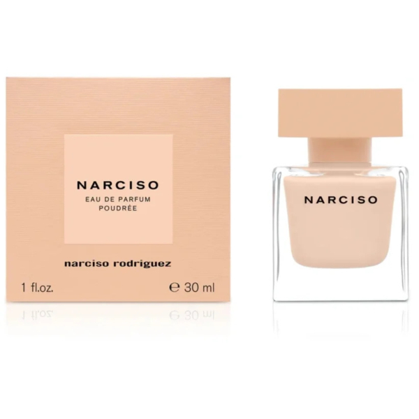 Un flacon de parfum carré au bouchon beige, étiqueté « Narciso Eau de Parfum Poudrée », est présenté à côté d'un coffret assorti portant le même nom et les mêmes détails. Le coffret et le flacon contiennent 30 ml de parfum. Dakar
