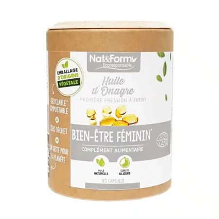 Un flacon cylindrique du complément alimentaire « Nat & Form », intitulé « Bien-être Féminin », est présenté dans un emballage écologique, étiqueté recyclable et compostable. Le produit contient 120 capsules d'huile d'onagre. Dakar