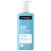 Un flacon pompe bleu de lotion corporelle Neutrogena Hydro Boost est présenté. L'étiquette avant met en avant ses principales caractéristiques : une formule légère, adaptée à tous les types de peau et offrant une hydratation continue. Texte en allemand. Dakar