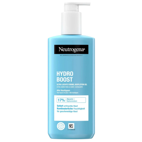 Un flacon pompe bleu de lotion corporelle Neutrogena Hydro Boost est présenté. L'étiquette avant met en avant ses principales caractéristiques : une formule légère, adaptée à tous les types de peau et offrant une hydratation continue. Texte en allemand. Dakar