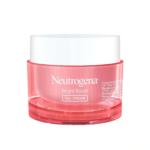 Un pot de gel-crème Neutrogena Bright Boost avec une base rose transparente et un bouchon blanc. L'étiquette présente les informations produit en blanc. Dakar