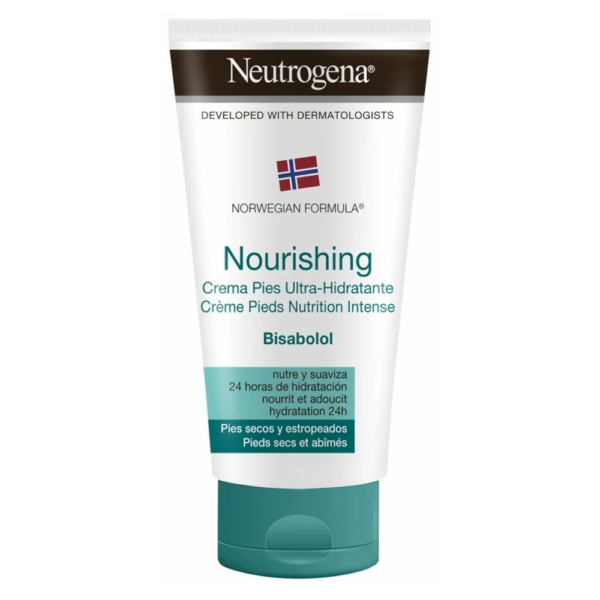 Un tube de crème nourrissante pour les pieds Neutrogena au bisabolol. Orné du logo Norwegian Formula, il est conçu pour hydrater et adoucir les pieds secs et rugueux pendant 24 heures. L'emballage est en anglais et en espagnol. Dakar