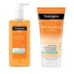 Deux produits de soin Neutrogena : à gauche, le gel nettoyant Anti-boutons en flacon pompe ; à droite, le gel exfoliant Anti-boutons en tube souple. Tous deux contiennent de l'acide salicylique et sont conçus pour les peaux à tendance acnéique. Dakar