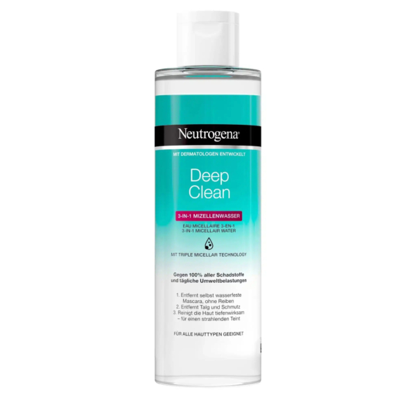 Un flacon d'Eau Micellaire 3-en-1 Neutrogena Deep Clean sur fond blanc. L'étiquette met en avant sa triple technologie micellaire et son adéquation à tous les types de peau. Le texte est en allemand, encourageant la protection de l'environnement. Dakar