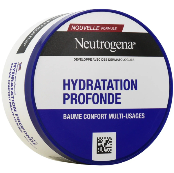 Flacon rond de crème Neutrogena « Hydratation Profonde ». L'étiquette bleue et blanche comporte un texte en français, indiquant qu'il s'agit d'un baume confort multi-usages. Un code QR est visible sur le devant. Dakar