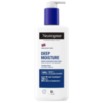 Un flacon blanc de lotion corporelle Neutrogena Deep Moisture avec une pompe bleue. Il présente la formule norvégienne et mentionne 10 % de glycérine et la technologie pro-céramide. Le texte sur le flacon souligne l'absorption immédiate et l'hydratation 72 heures pour les peaux sèches. Dakar