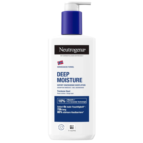 Un flacon blanc de lotion corporelle Neutrogena Deep Moisture avec une pompe bleue. Il présente la formule norvégienne et mentionne 10 % de glycérine et la technologie pro-céramide. Le texte sur le flacon souligne l'absorption immédiate et l'hydratation 72 heures pour les peaux sèches. Dakar