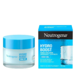 Un pot et une boîte de gel Neutrogena Hydro Boost Aqua. Le pot est transparent avec un couvercle bleu et une étiquette bleue. La boîte est bleue et blanche, avec un logo et des informations produit similaires, mettant l'accent sur les propriétés hydratantes. Dakar