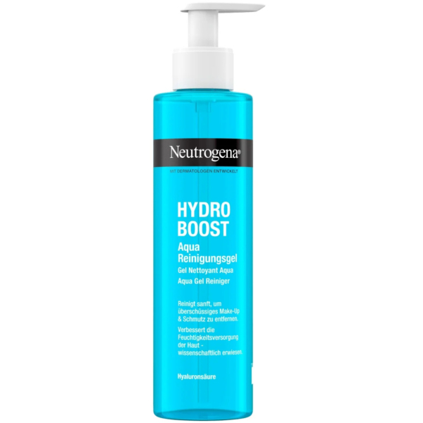Un flacon bleu de gel nettoyant Neutrogena Hydro Boost Aqua avec une pompe blanche. Le flacon est orné d'un texte en allemand et en français, soulignant ses propriétés démaquillantes et sa formule hydratante à l'acide hyaluronique. Dakar