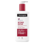 Un flacon de lotion corporelle Neutrogena Intense Repair avec pompe, étiqueté en allemand. Il est de couleur rouge et blanche, avec un texte supplémentaire détaillant les bienfaits du produit pour les peaux très sèches et rugueuses, soulignant sa teneur en urée de 10 %. Dakar