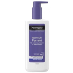Un flacon de lait corporel Neutrogena Nutrition Fermeté avec une pompe violette. L'étiquette en français indique qu'il est nourrissant et raffermissant, adapté aux peaux relâchées, et qu'il contient du collagène. Le flacon est blanc avec des inscriptions violettes et noires. Dakar