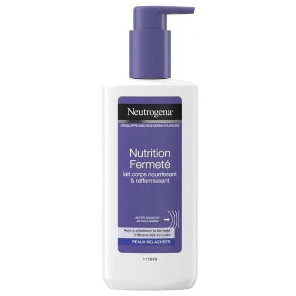 Un flacon de lait corporel Neutrogena Nutrition Fermeté avec une pompe violette. L'étiquette en français indique qu'il est nourrissant et raffermissant, adapté aux peaux relâchées, et qu'il contient du collagène. Le flacon est blanc avec des inscriptions violettes et noires. Dakar