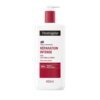 Un flacon de 400 ml de lait corporel Neutrogena Réparation Intense Cica. Le flacon est blanc avec une pompe rouge et présente un texte rouge et noir, incluant le logo de la formule norvégienne et des informations sur l'hydratation des peaux très sèches. Dakar