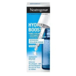 Emballage du sérum Neutrogena Hydro Boost à l'acide hyaluronique. La boîte bleue et blanche est ornée d'un compte-gouttes flottant et d'inscriptions telles que « Pures Hyaluron » et « Parfümfrei ». Un texte en allemand détaille ses bienfaits hydratants intenses. Dakar