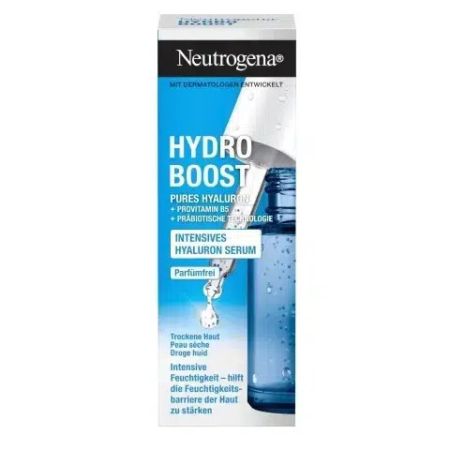 Emballage du sérum Neutrogena Hydro Boost à l'acide hyaluronique. La boîte bleue et blanche est ornée d'un compte-gouttes flottant et d'inscriptions telles que « Pures Hyaluron » et « Parfümfrei ». Un texte en allemand détaille ses bienfaits hydratants intenses. Dakar
