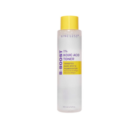 NINELESS Toner Anti Taches à 1% d'Acide Kojique B-Boost (200 ml) : Un flacon transparent avec un bouchon jaune, conçu pour cibler les taches brunes et la pigmentation, idéal pour votre routine de soins de la peau. Dakar